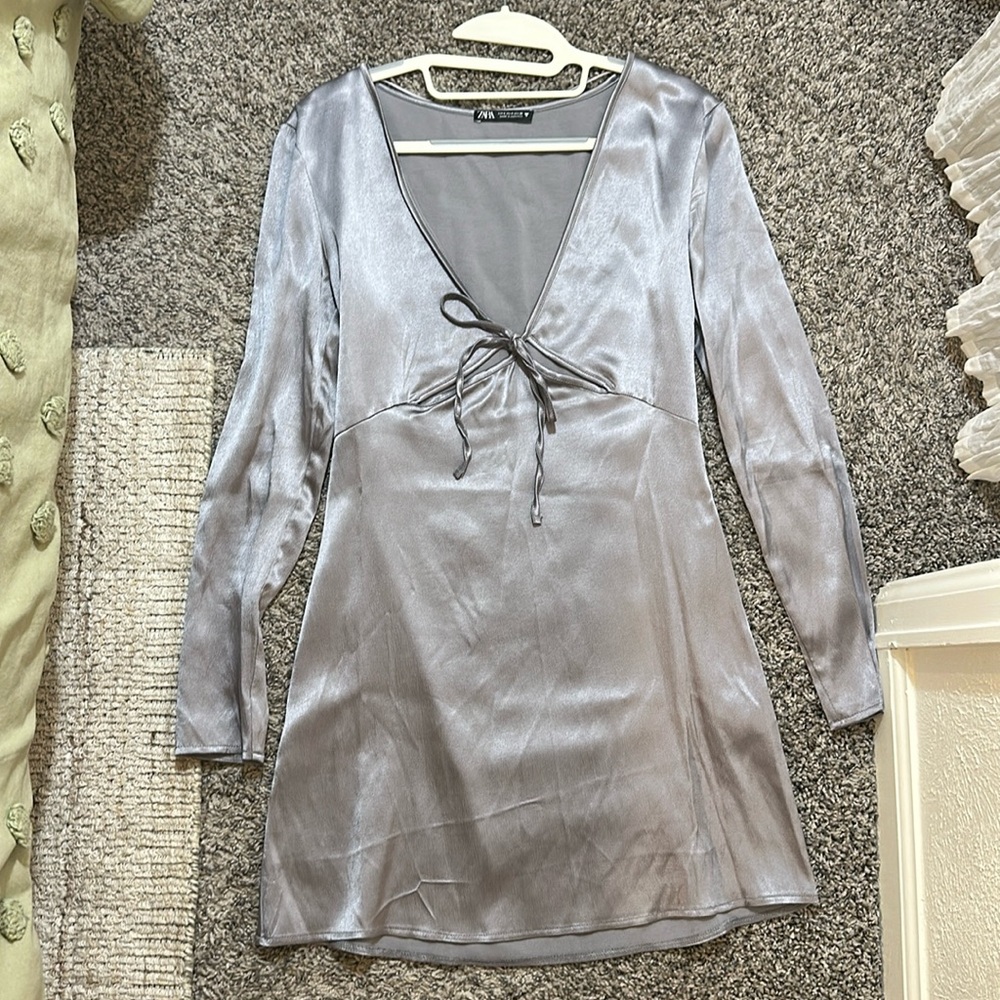 Zara Metallic Silver Satin Plunge Mini Dress